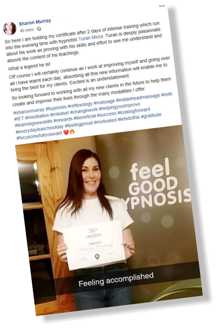 image of hypnosis training testimonial for Feel Good Hypnosis