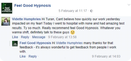 Feedbck on hypnosis for fear of hospital from Facebook