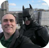 Hypnotist Turan Mirza with Batman in Belfast