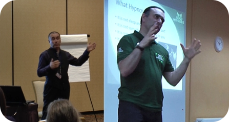 images of hypnotist Turan Mirza presenting talks about hypnosis